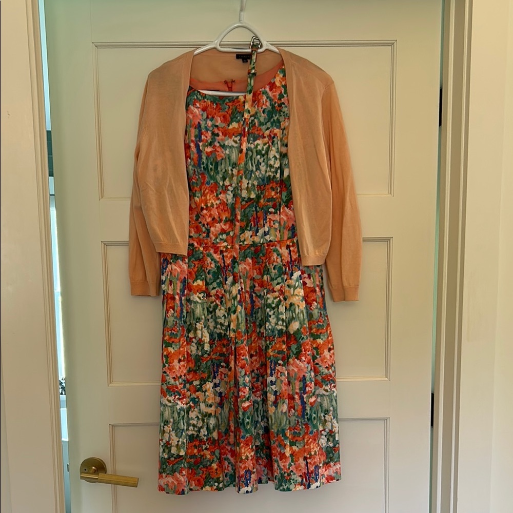 Talbots Red and Green Tiered Short Sleeve Sundress with belt and sweater